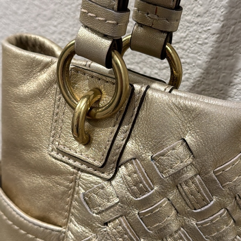 COACH- North South Metallic Woven Leather Gold‎ Leather Shoulder Bag Tote F17099 - Picture 5 of 17